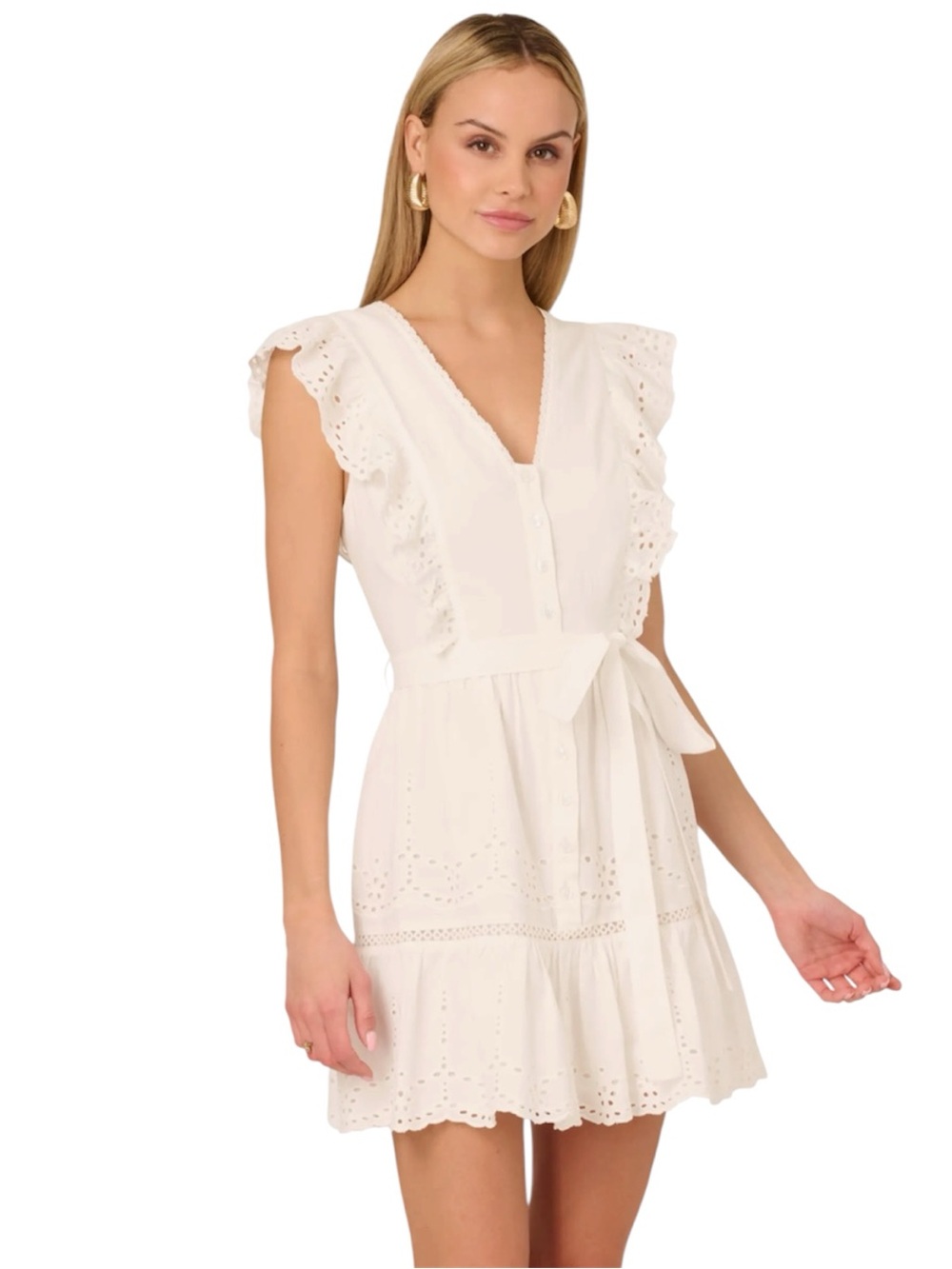 NWT Adrianna Papell Eyelet Ruffle Cotton Mini Sundress - Ivory - Size 12